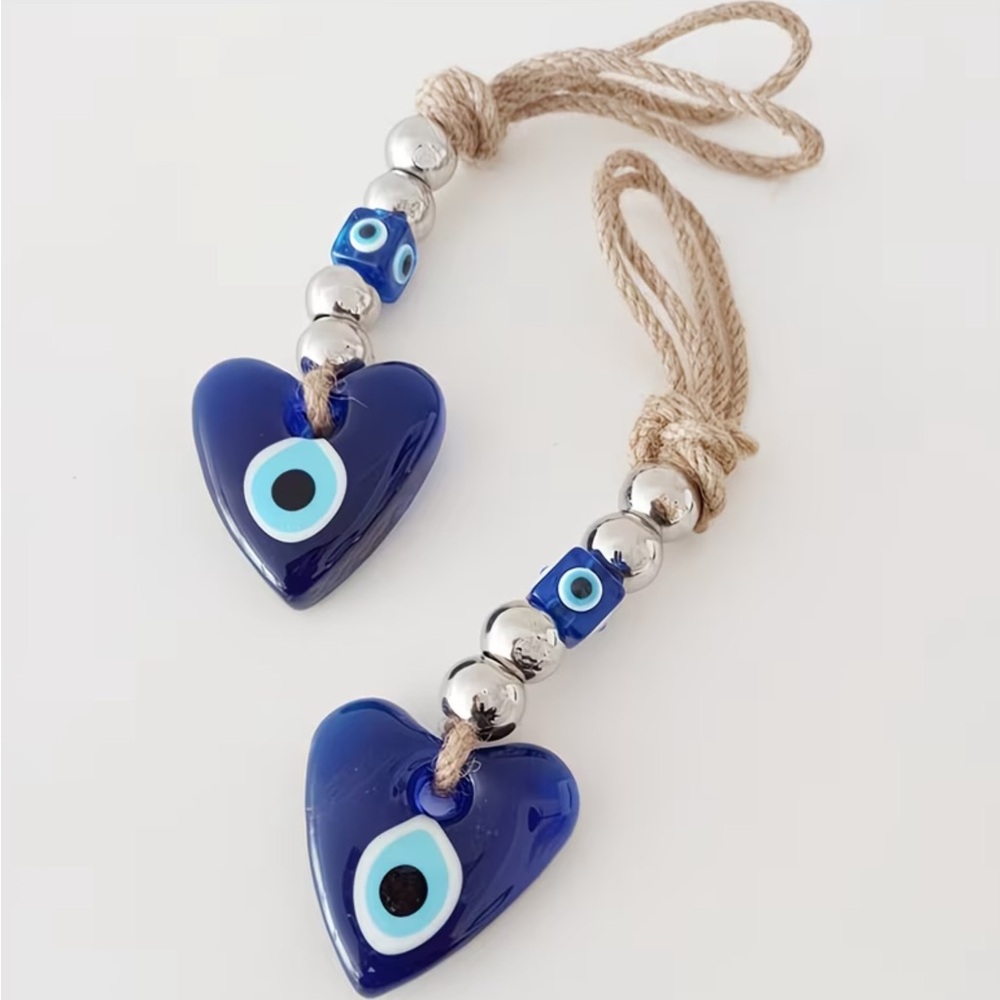1 Handmade GREEK Glass Blue Evil Eye Heart Worried Bead ornament NW last one 7” - Picture 5 of 7